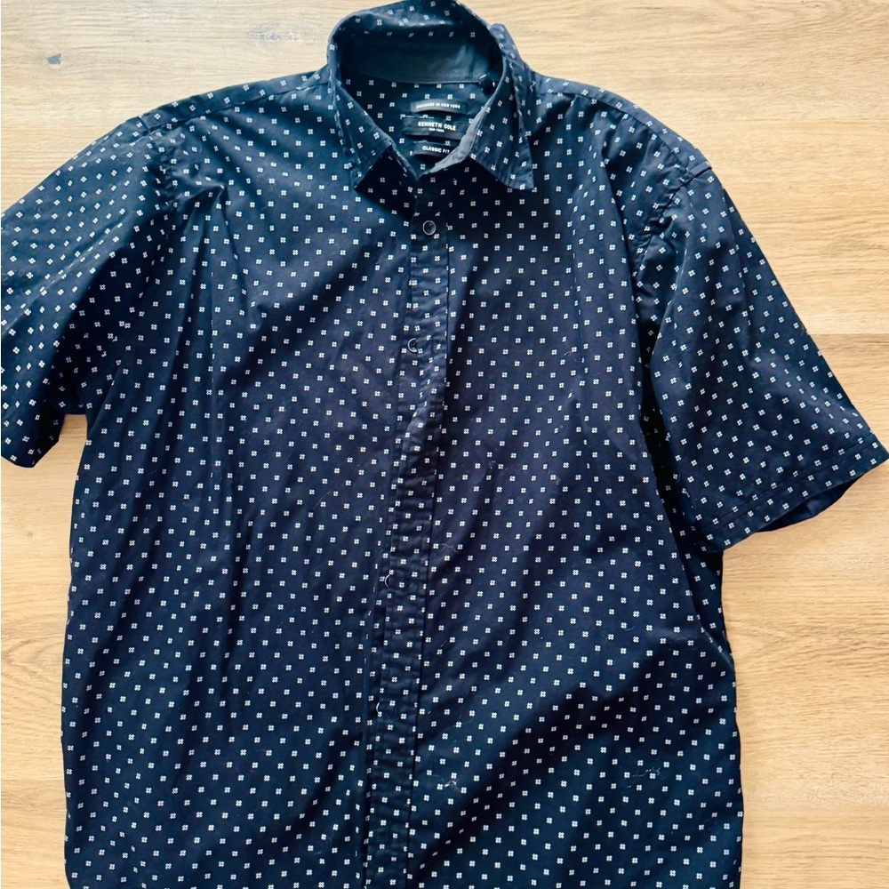 Men's Navy Short-Sleeve Kenneth Cole Button-Up Shirt with Micro Dot Print